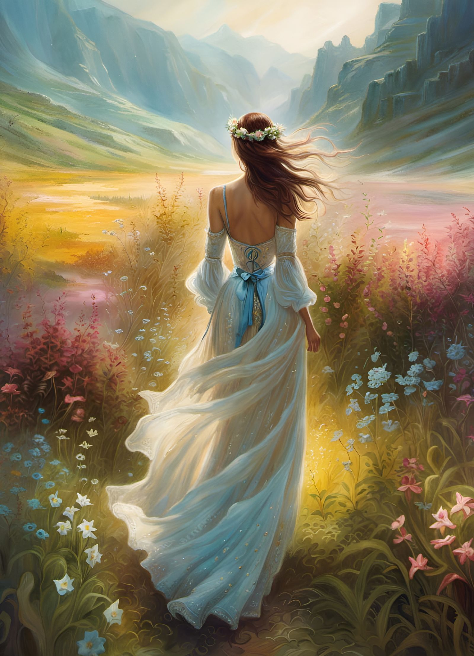 Joyful Traveler in Flowery Valley as Digital Art