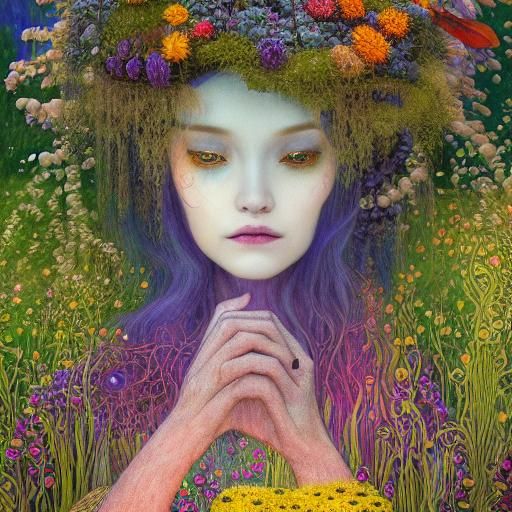 Sunset-Hybrid Woman in Magical Forest: Klimt-Inspired Art