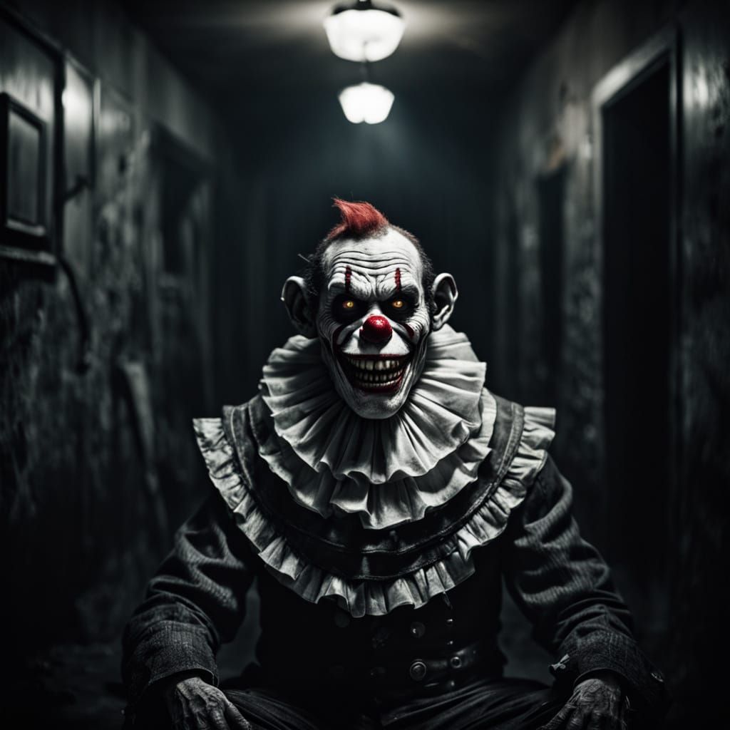 Grotesque Clown Creature in Dark, High-Contrast Portrait
