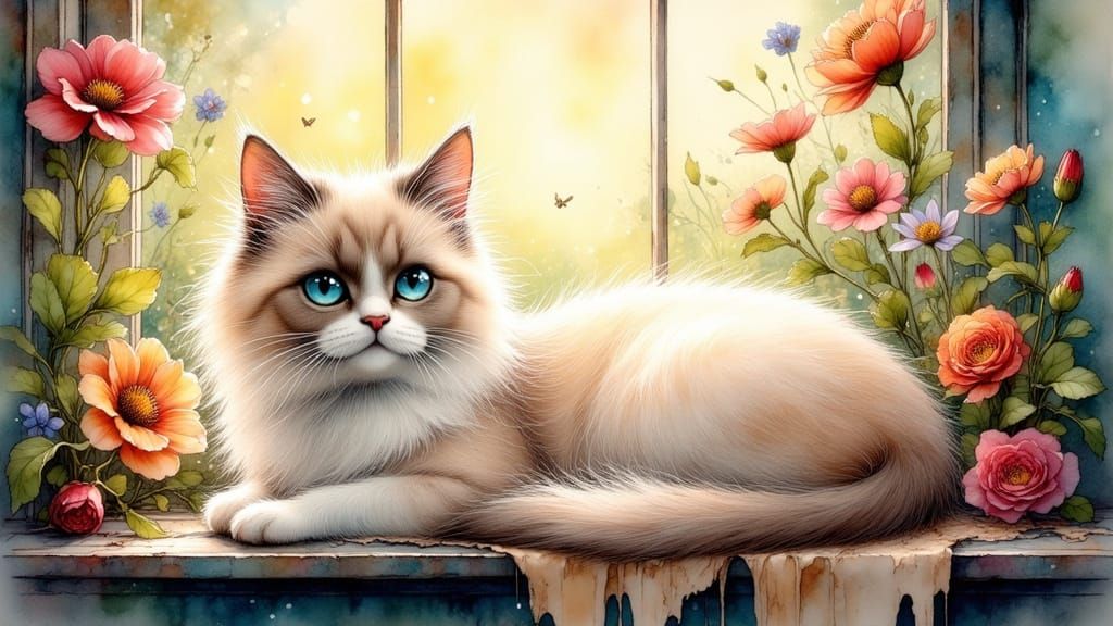 Dreamy Ragdoll Cat in Whimsical Watercolor Style