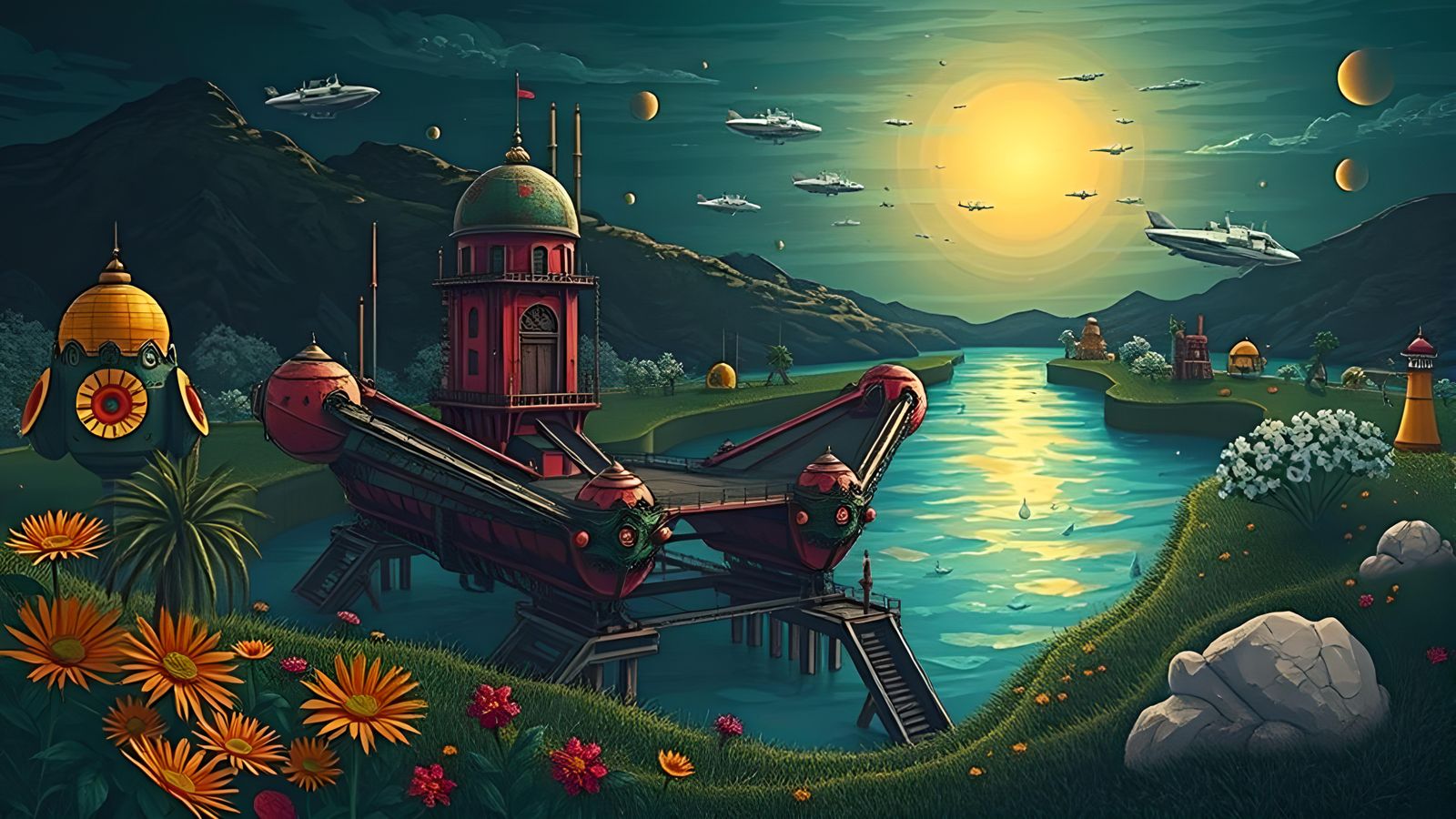 Kaleidoscopic Steampunk Fortress on Tropical Shore in Pixel ...