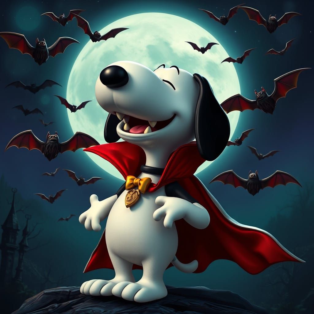 Snoopy in Dramatic Dracula Cape Under Moonlit Skies