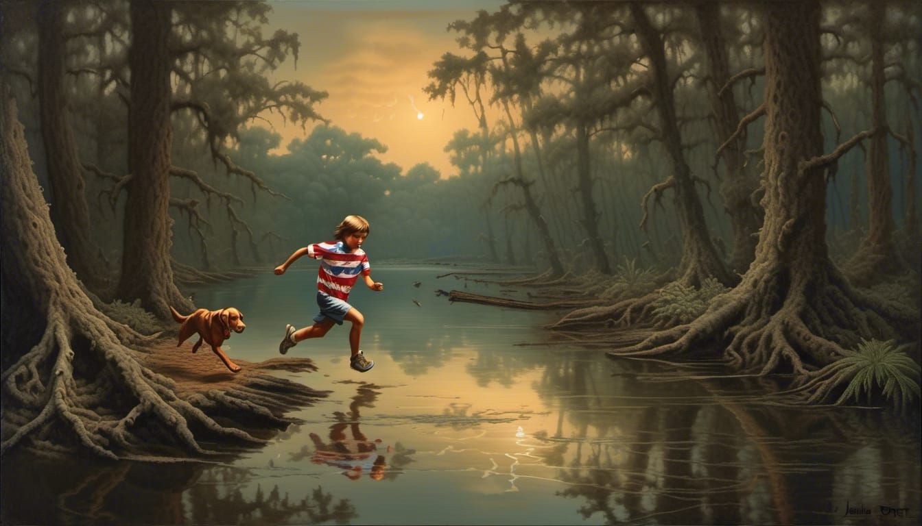 Boy and Dog in Bayou, Trompe-l'oeil Painting