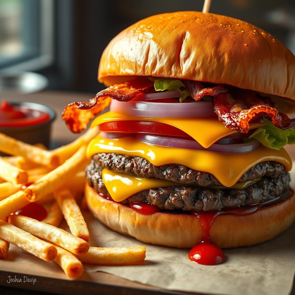 Hyper-Realistic Cheeseburger in Vibrant Colors