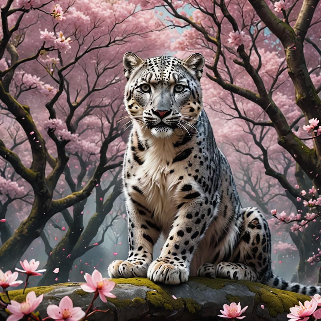 Snow Leopard in Cherry Blossom Forest