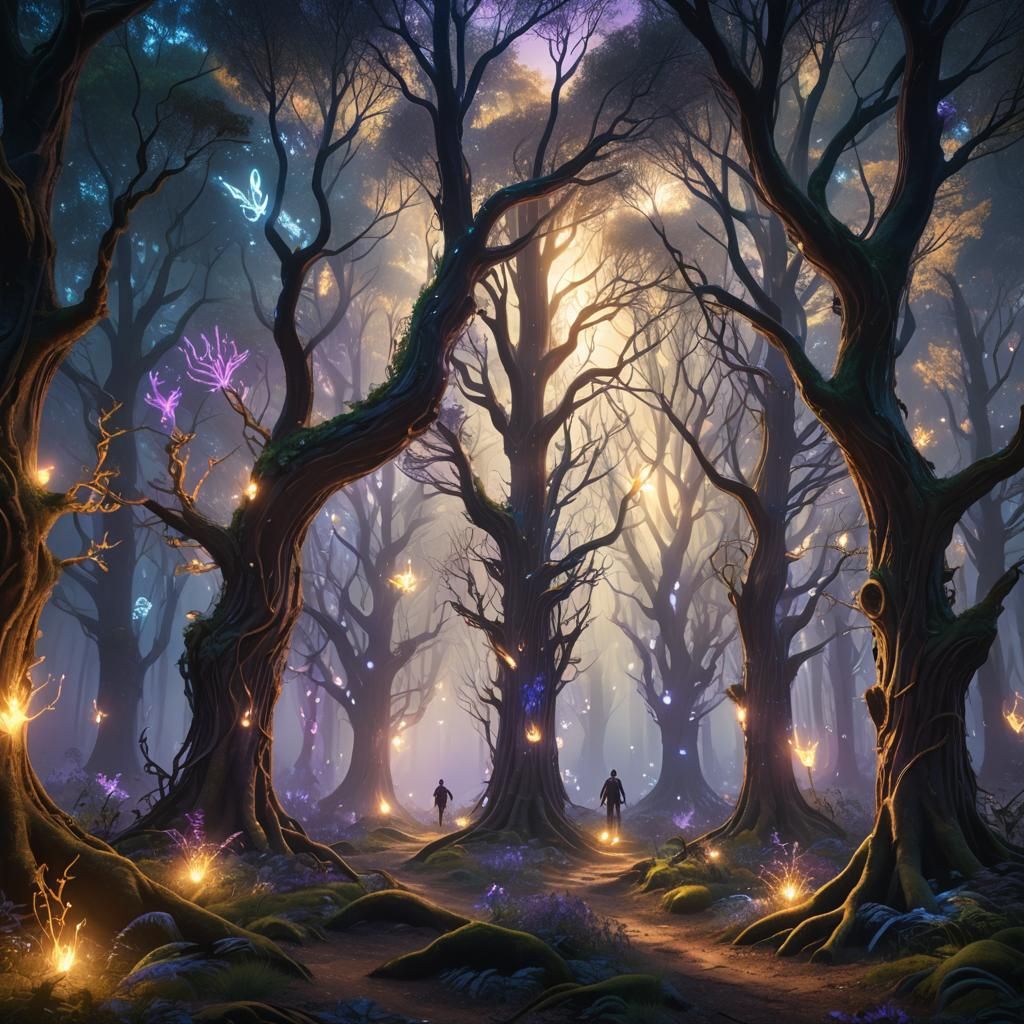 Mystical Forest with Glowing Spirits: Digital Matte Painting