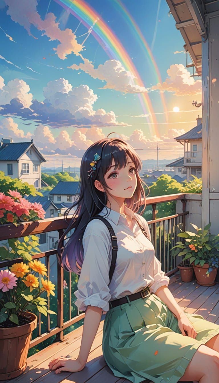 Girl in Soft Watercolor Anime Style on Balcony Under Rainbow