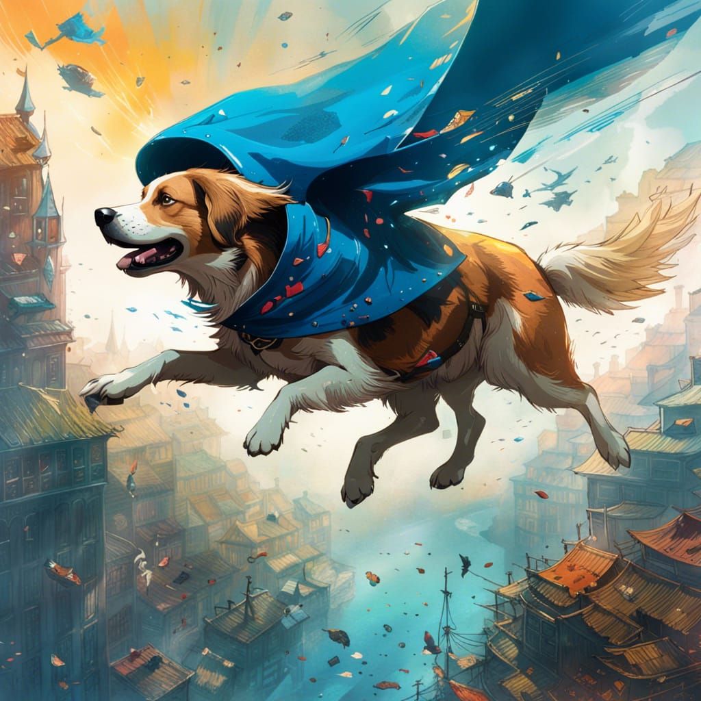 Dog Superhero Flying, Detailed Digital Art