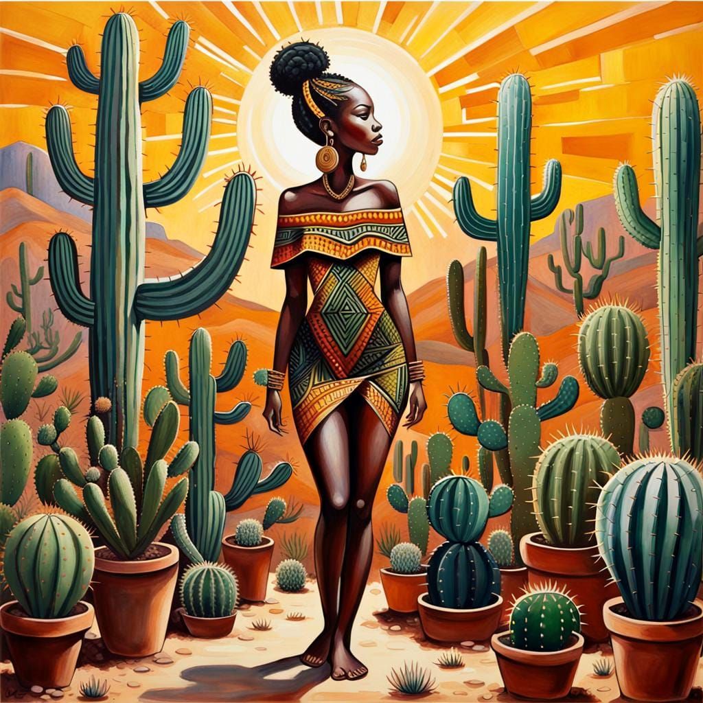 African Tribal Cactus with Geometric Patterns
