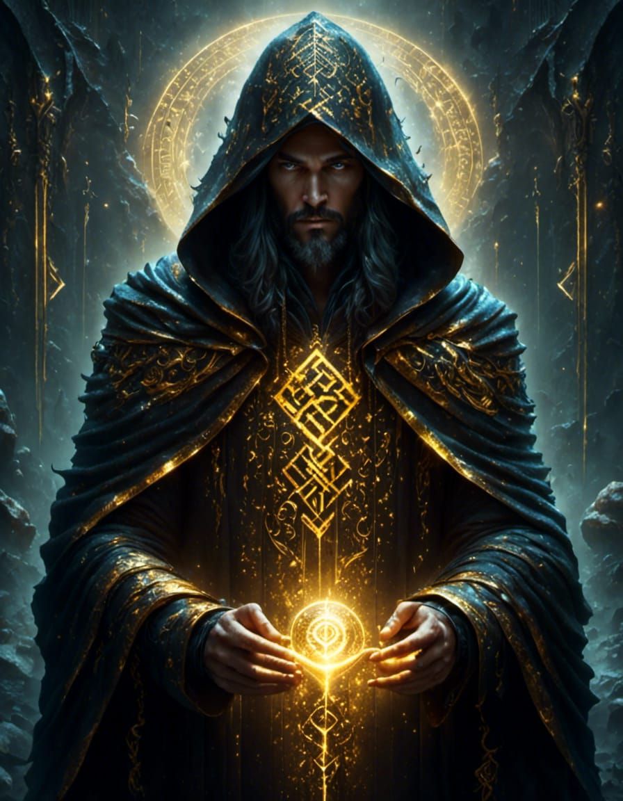 Mysterious Wizard with Glowing Runes in Dungeon