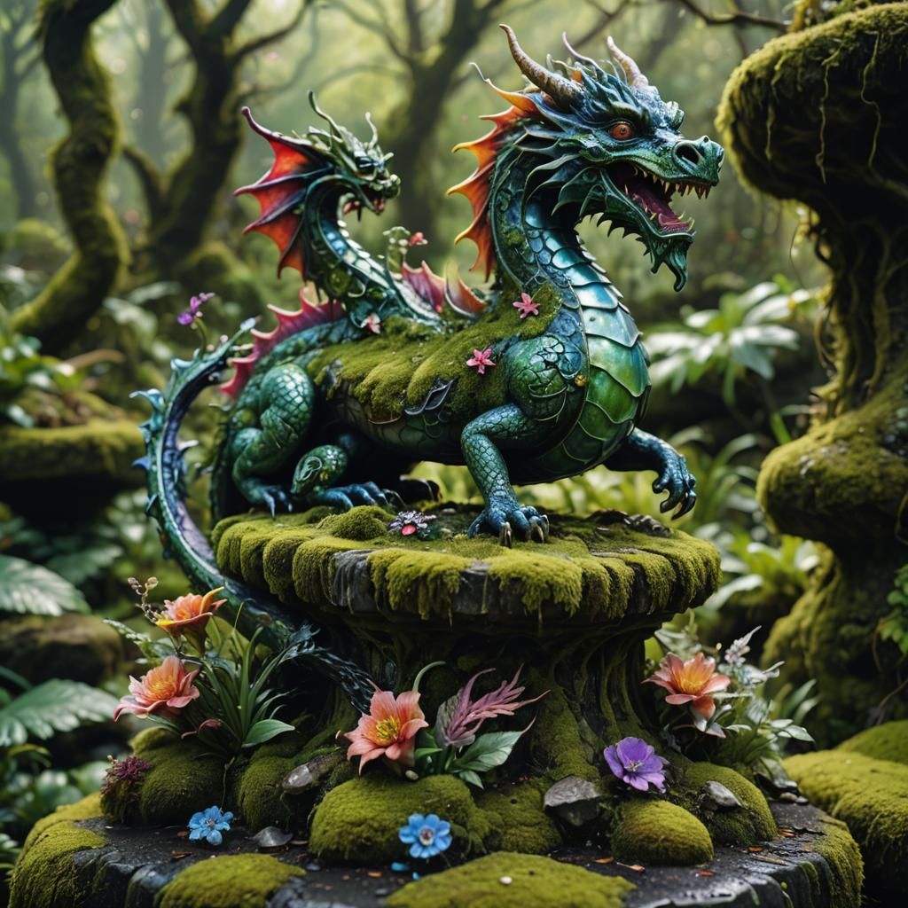 Enameled Glass Dragon Figurine in Mystical Garden