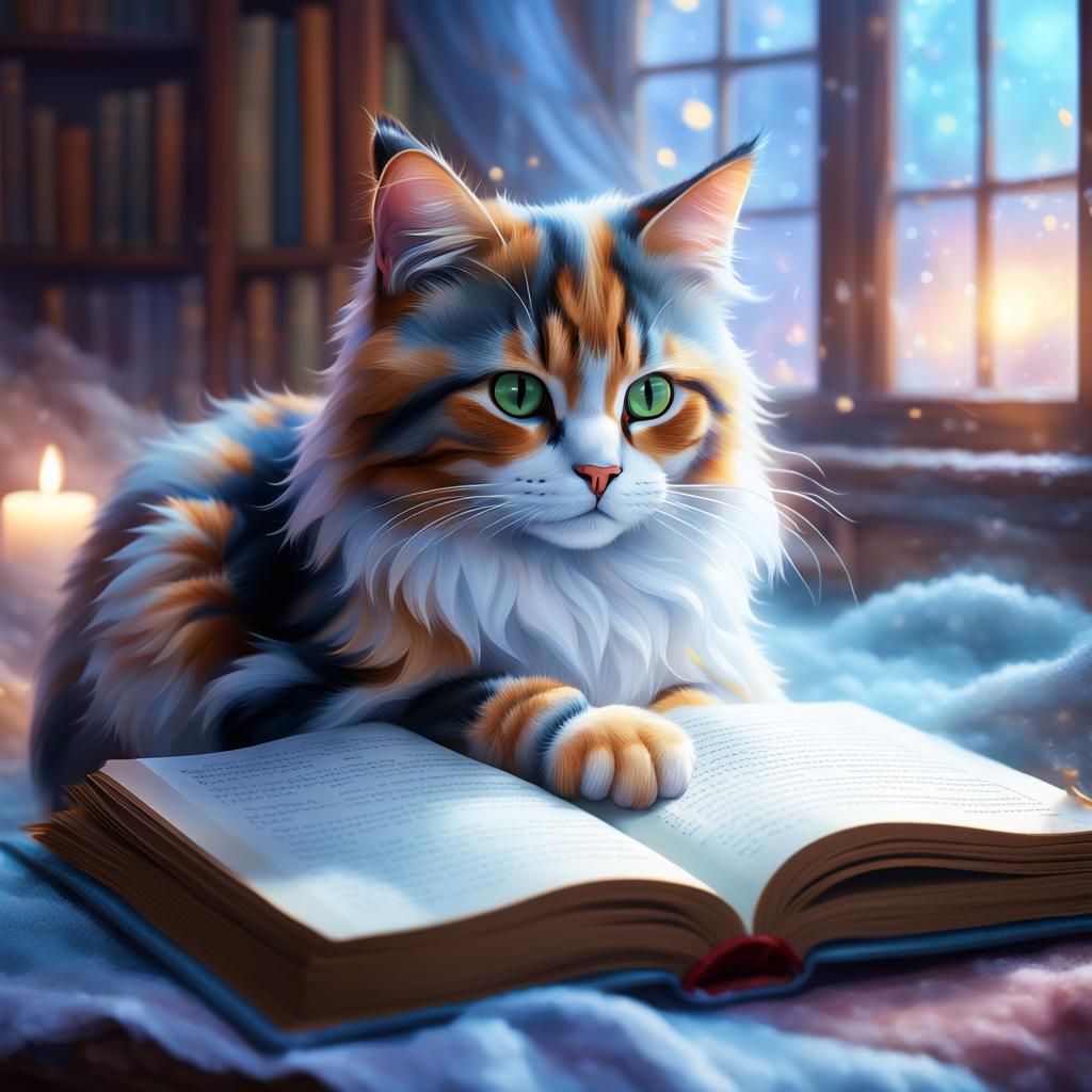Calico Cat Reading: Ethereal Digital Art