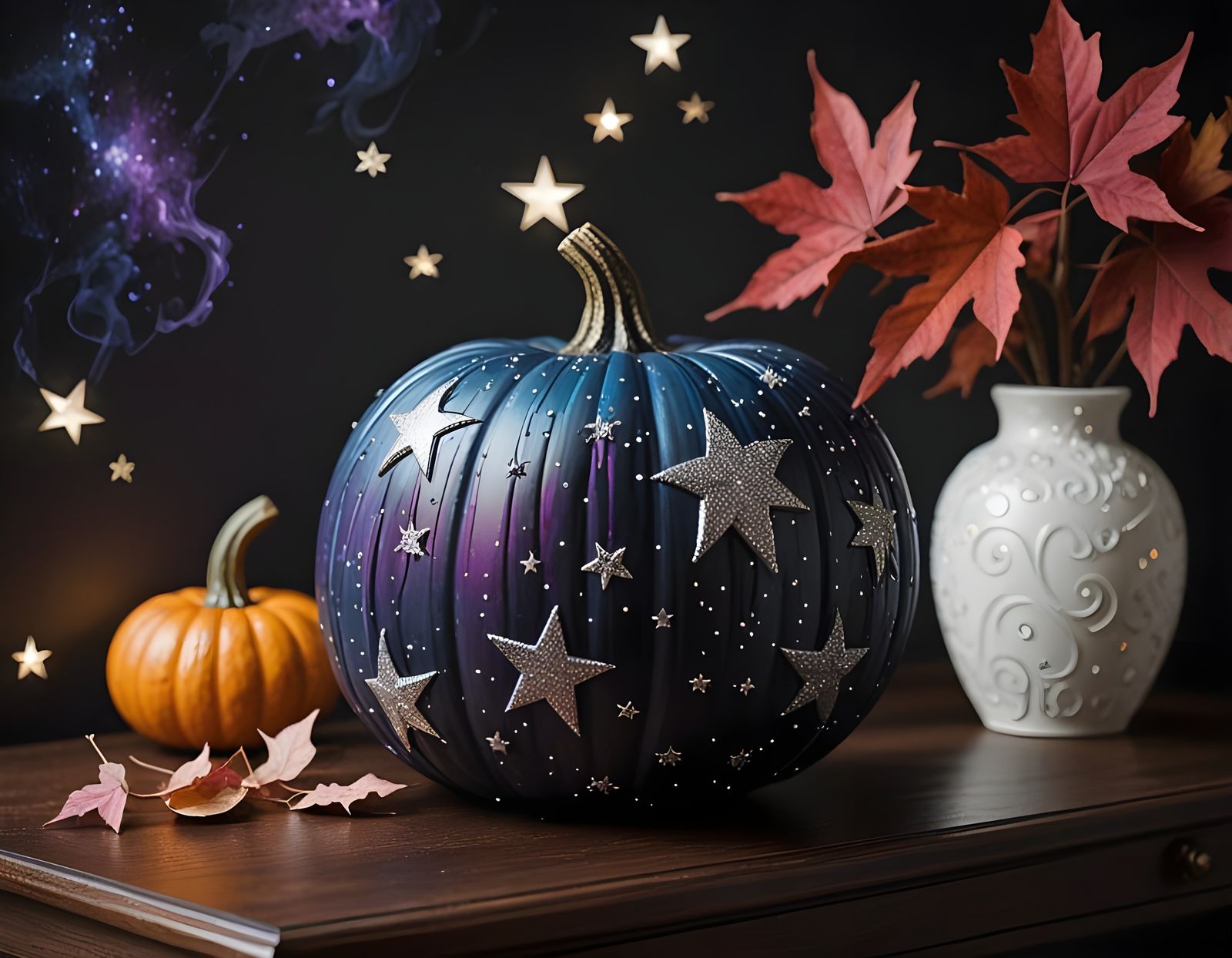 Galaxy Painted Pumpkin with Metallic Stars