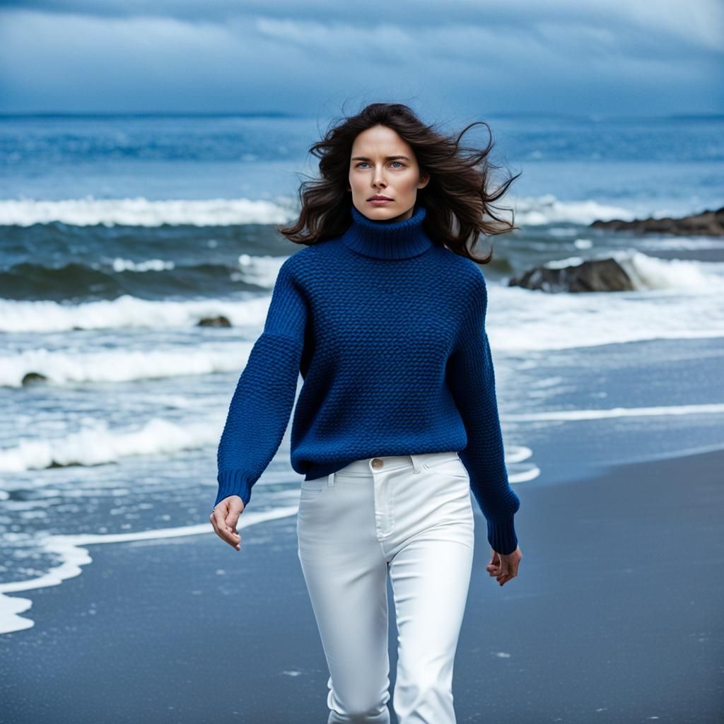 Brunette on a New England Beach in Autumn
