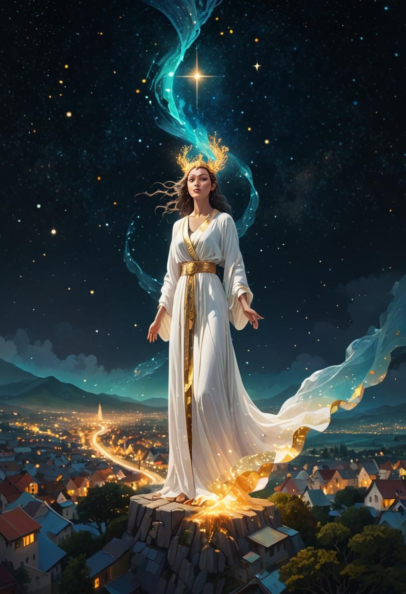 Goddess Watches Over Pixelated Village: Surreal Digital Art