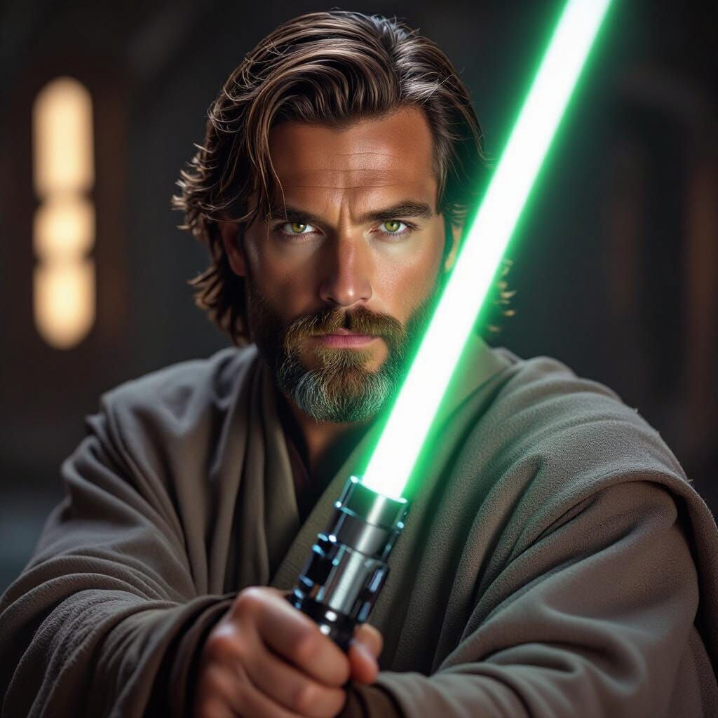 Jedi Warrior with Silver Lightsaber in Cinematic Style