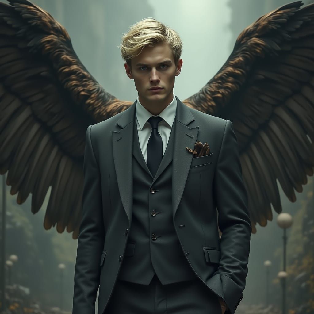 Angel with Phoenix Wings in Futuristic Noir Style