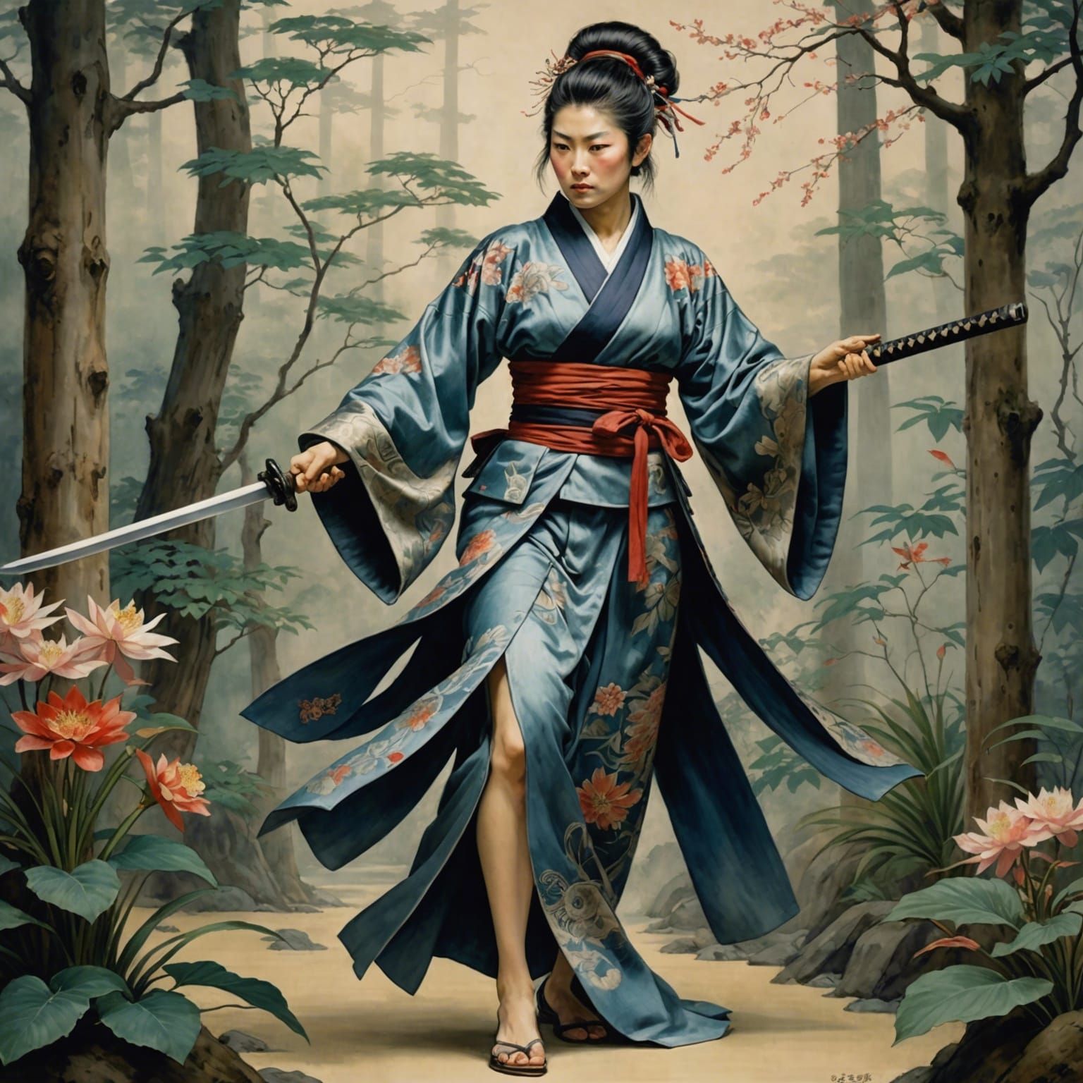 Kimono-Clad Warrior with Katana in Japanese Garden