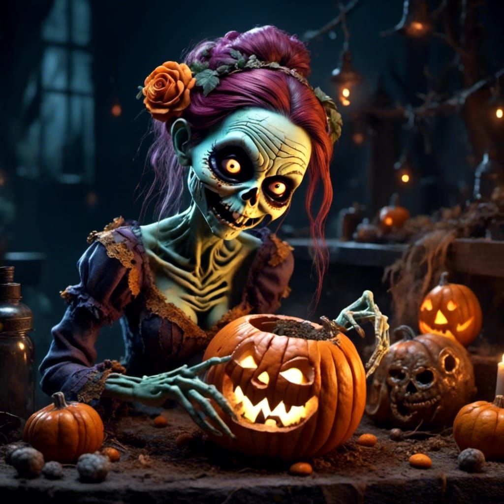 Zombie Lady Carving Pumpkin in Clay Animation Style