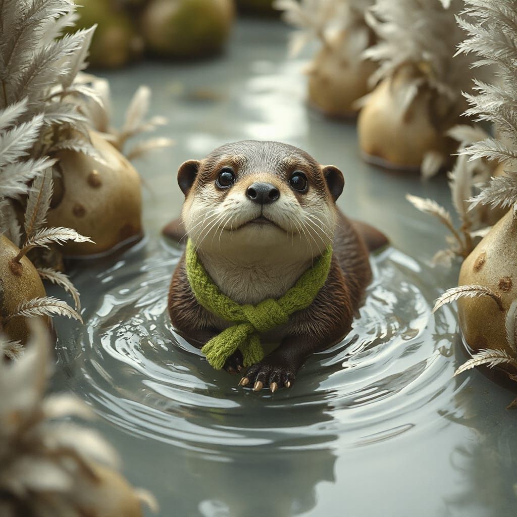 Otter in Green Scarf Drifting Down Silver River