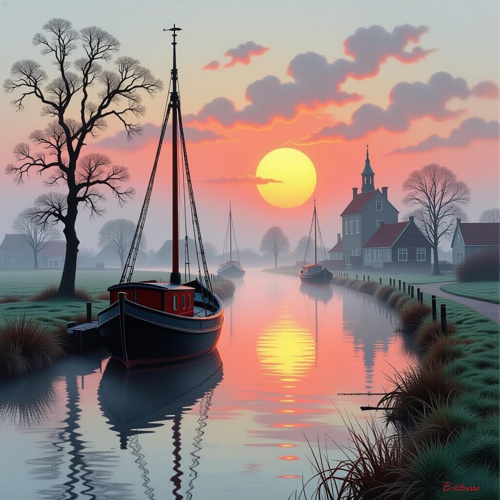 Red Sunset Over a Foggy Harbor in Dutch Pastel Style