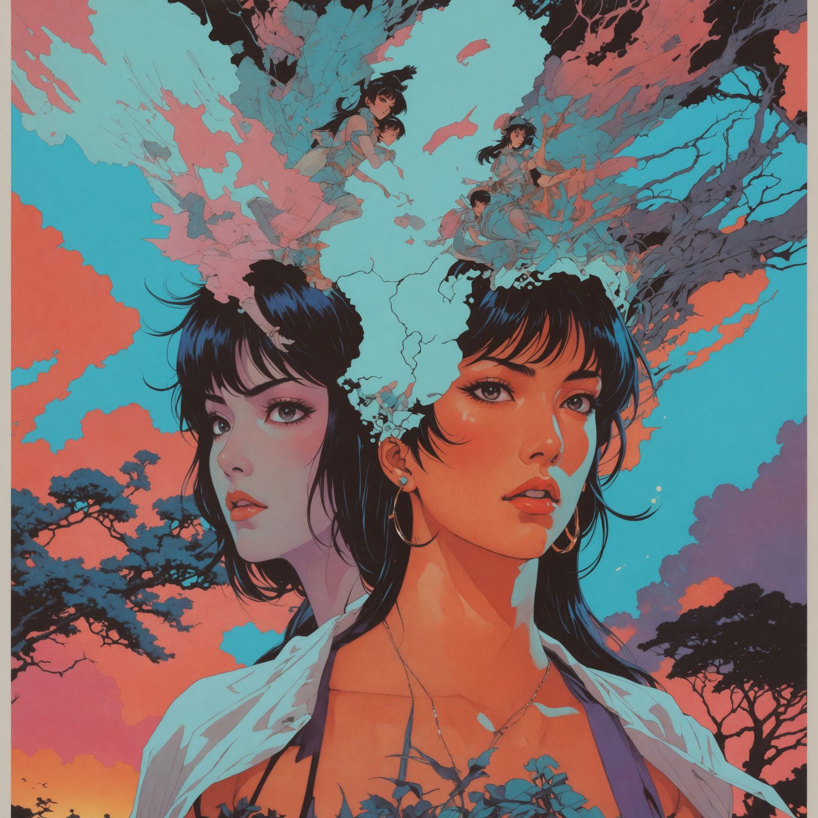 Art by Masamune Shirow, 1980s anime style, pastel color sche...