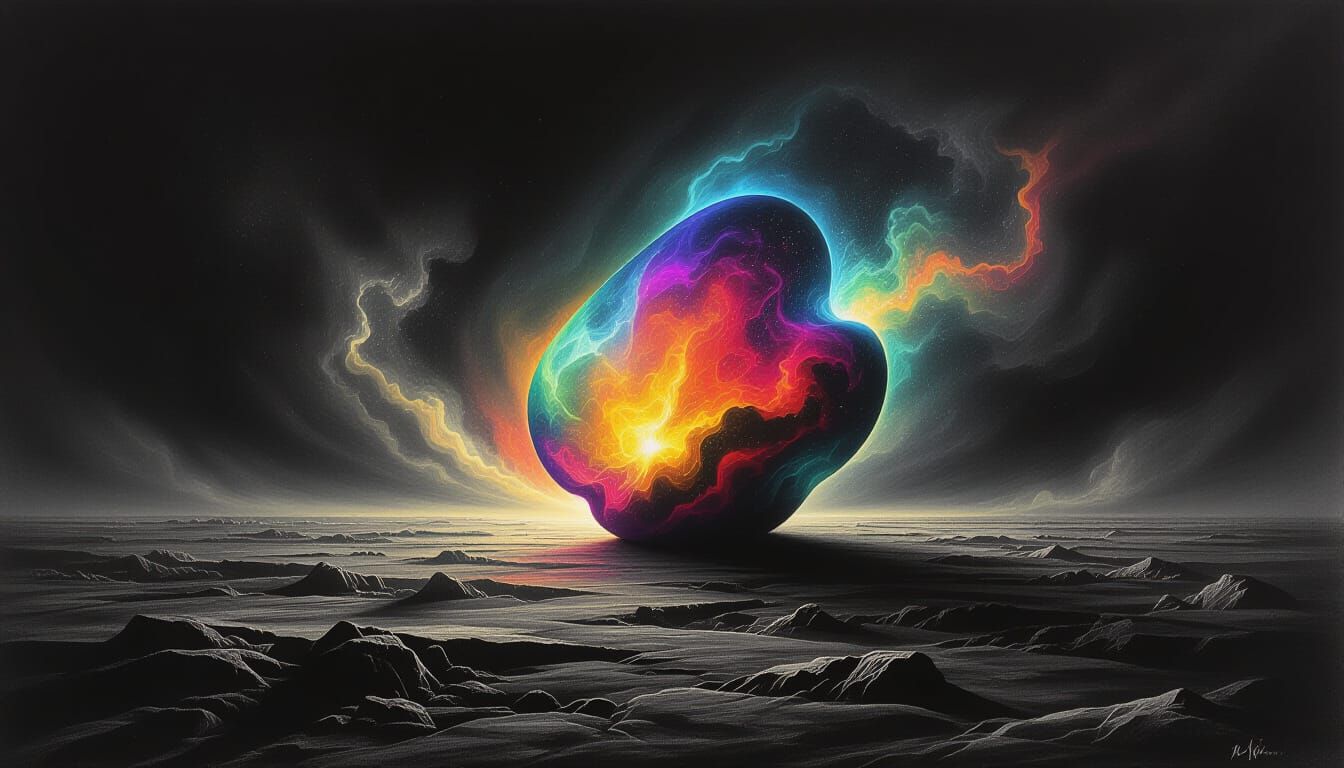 Vibrant Abstract Form in Cosmic Void Charcoal Drawing