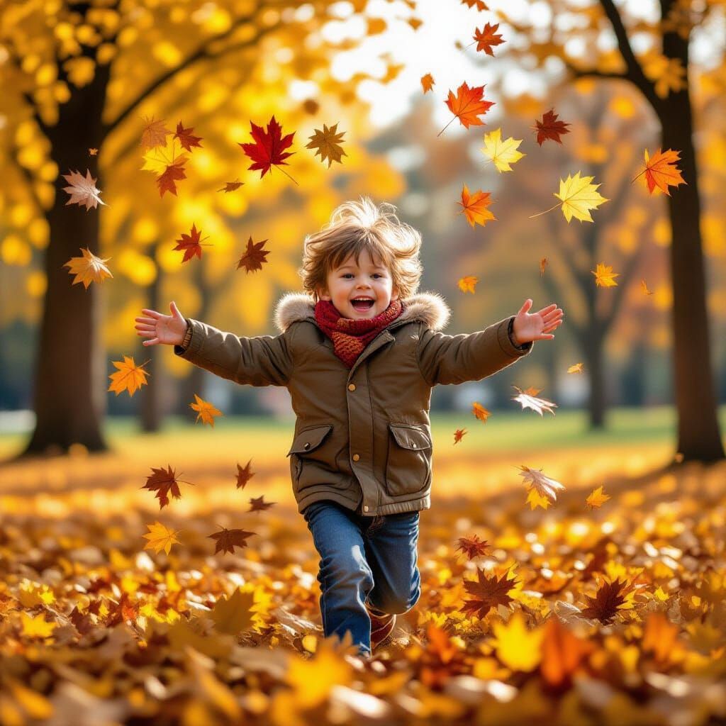 Child Joyfully Playing in Fall Leaves
