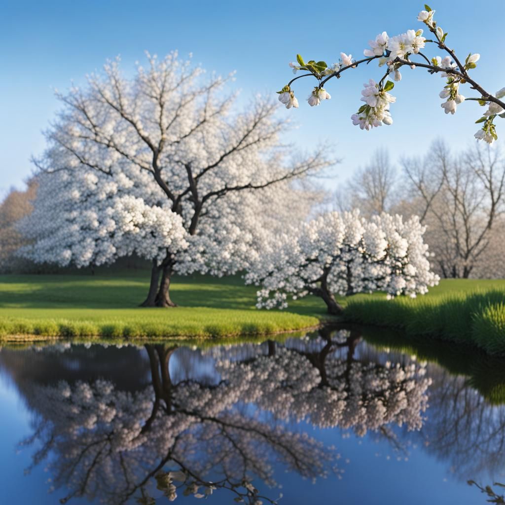 Blooming Apple Tree Reflected in Pond