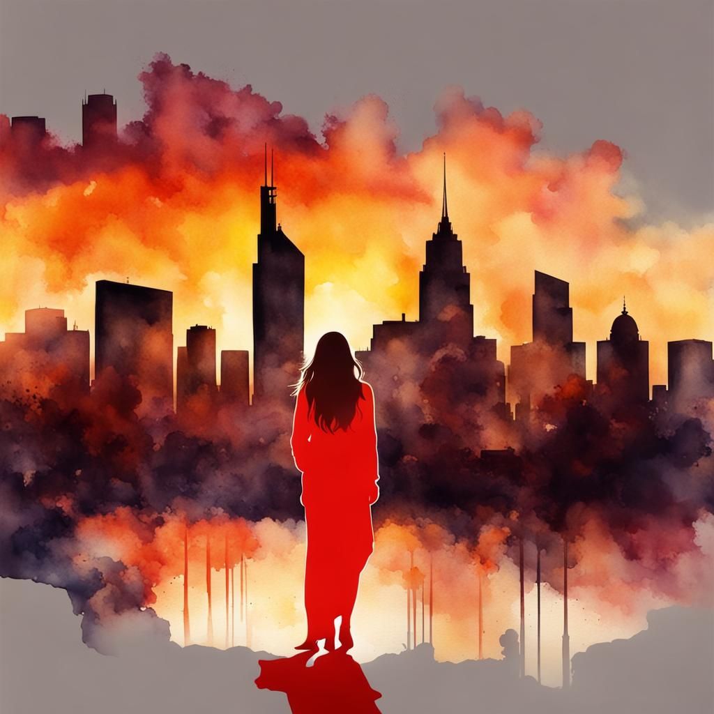 Woman in Red Amidst Vibrant City Skyline