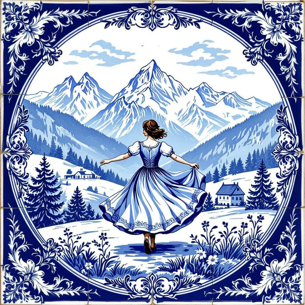 Sound of Music Alps Scene on Delft Tile in Baroque Style