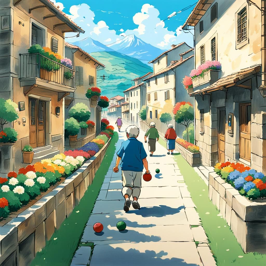 Italian Village Bocce Game in Studio Ghibli Style