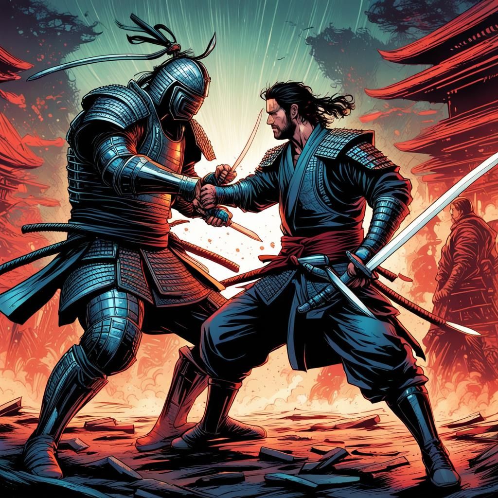 Gerard Butler vs Cyber Samurai in Comic Book Art