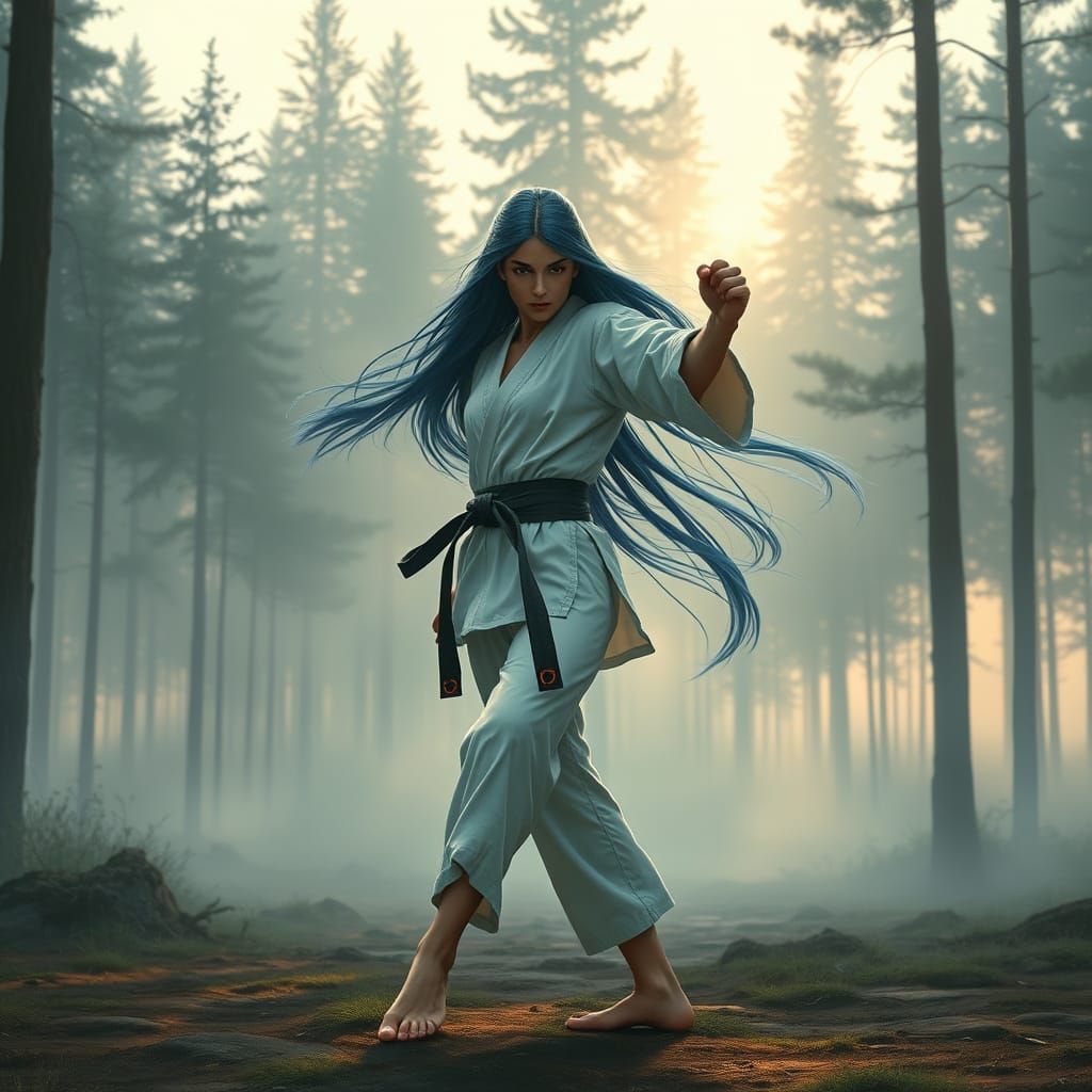 Karate Girl with Blue Hair in Misty Forest