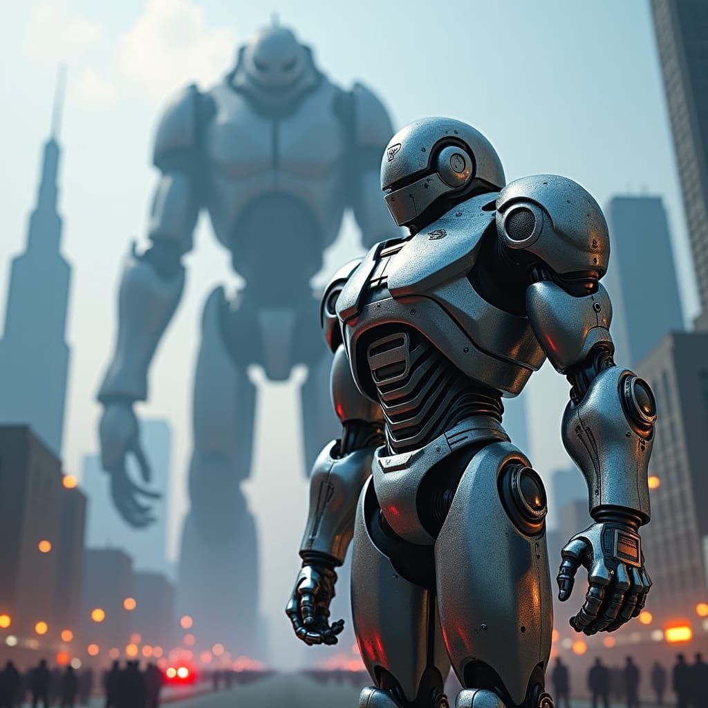 Heroic Mech Stands Guard Over Futuristic City