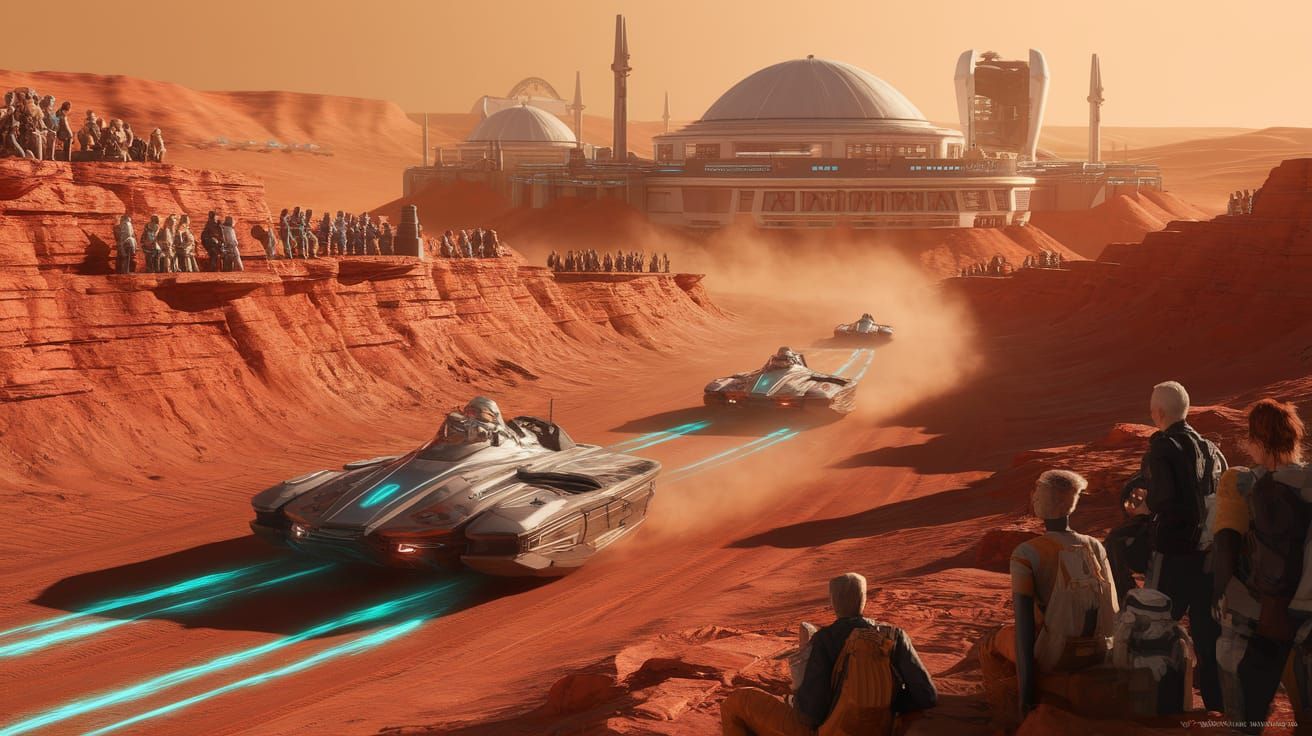 Futuristic Space Race on Mars in Photorealistic Style