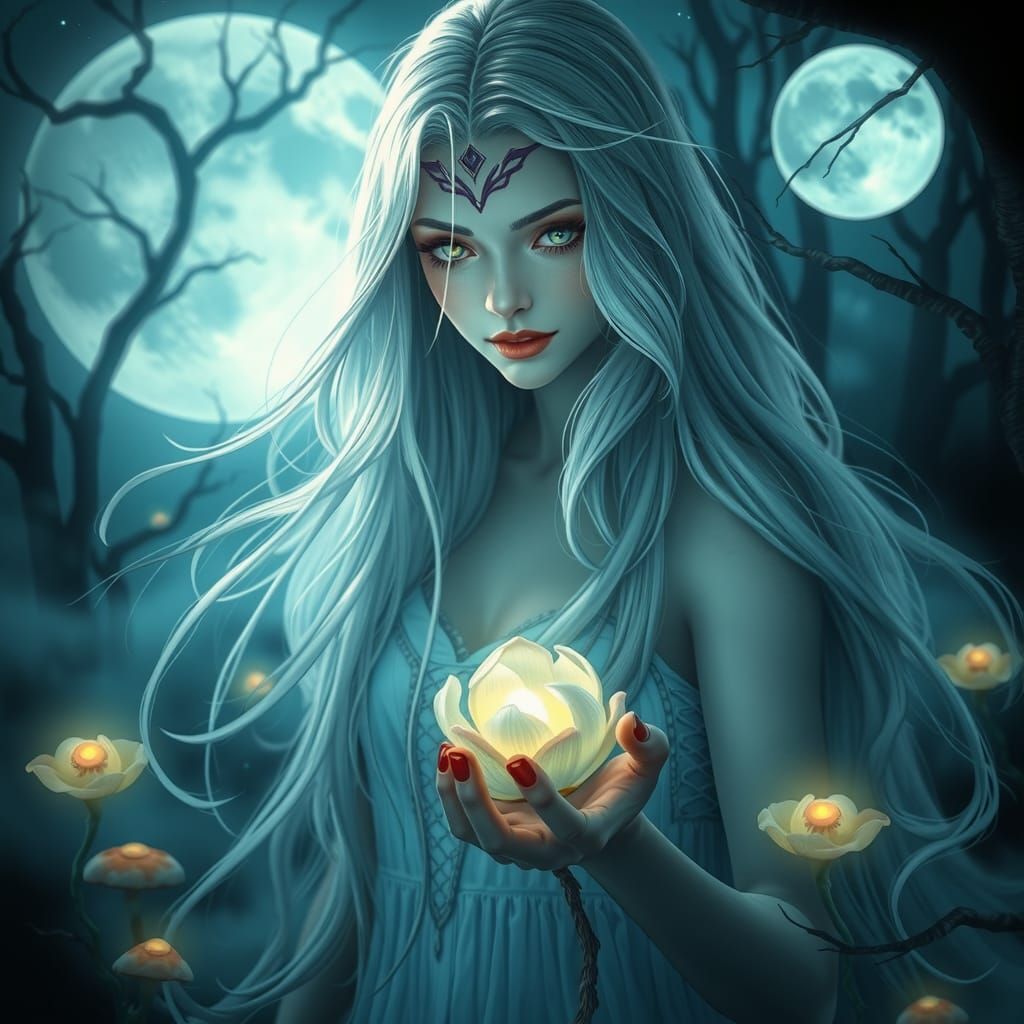 Mystical Enchantress in Moonlit Forest, Surreal Art