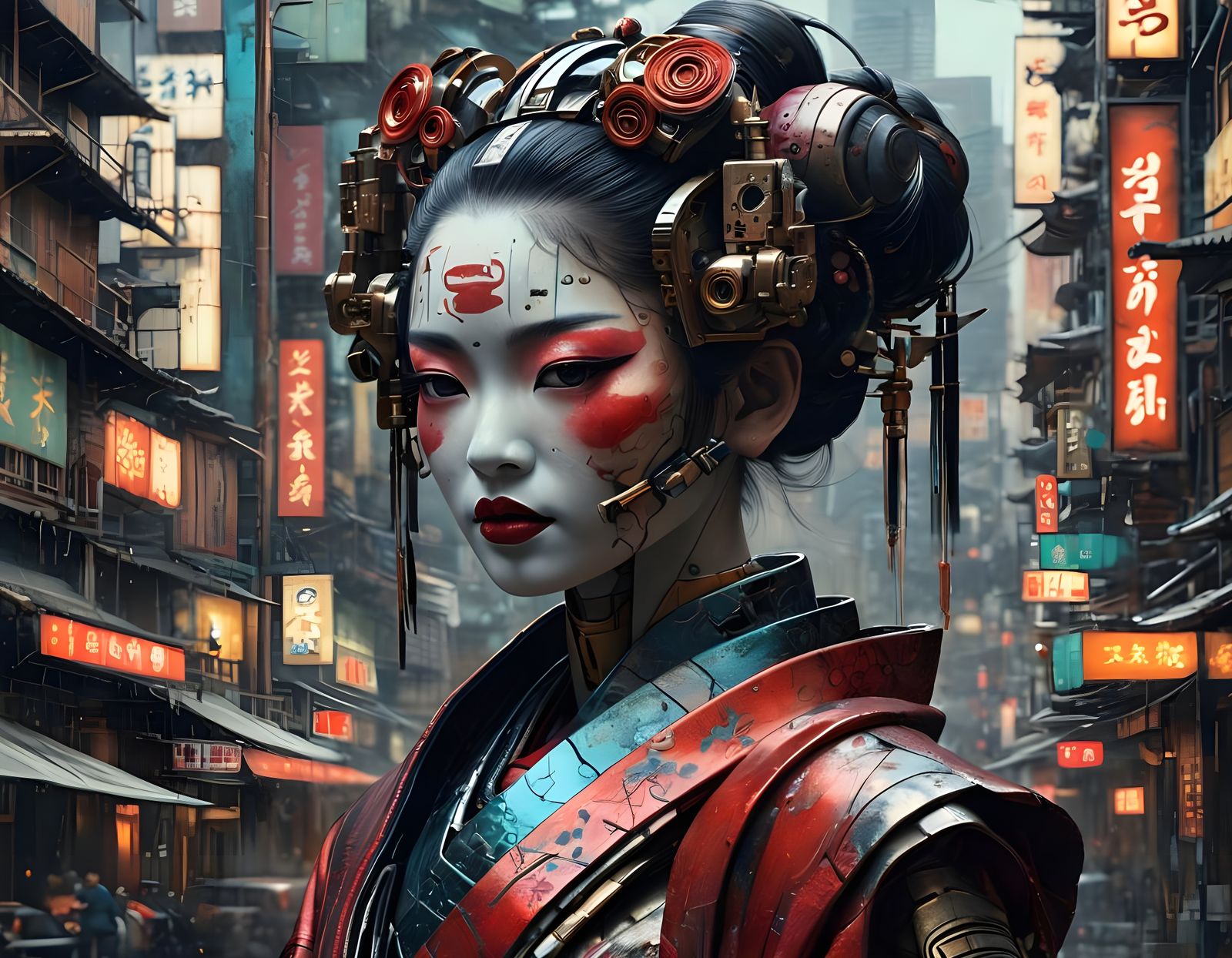 Cyborg Geisha in Oil Painting with Futuristic Abstraction