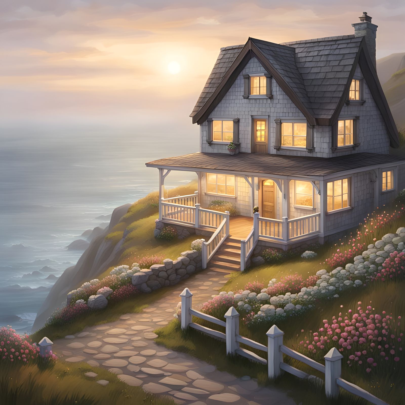 Cozy Seaside Cottage in Morning Fog, Detailed Matte Painting