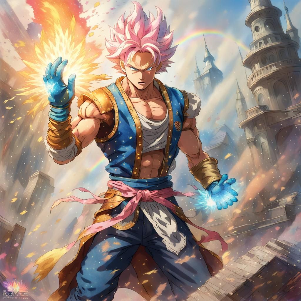 Dynamic Super Saiyan Powers Up in Watercolor Style