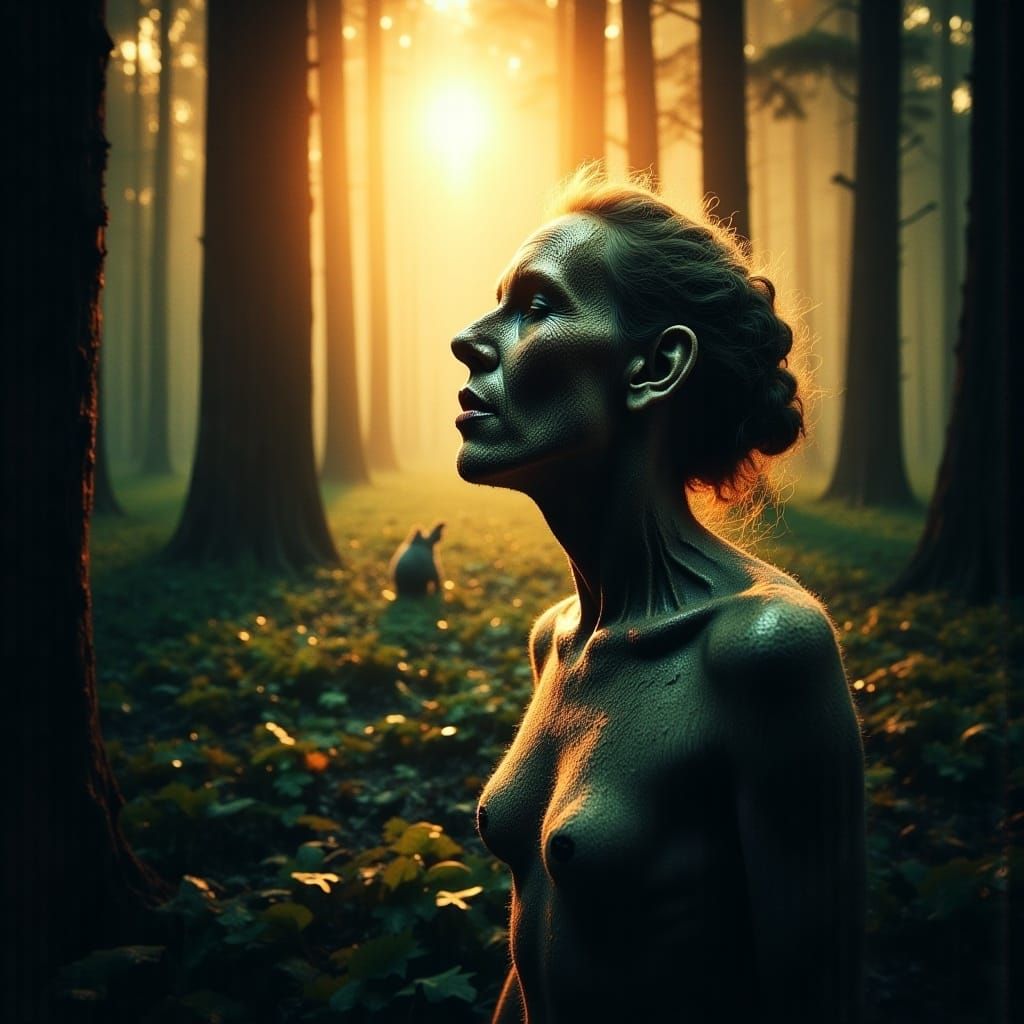 Sunrise Forest Scene with Woman and Frog