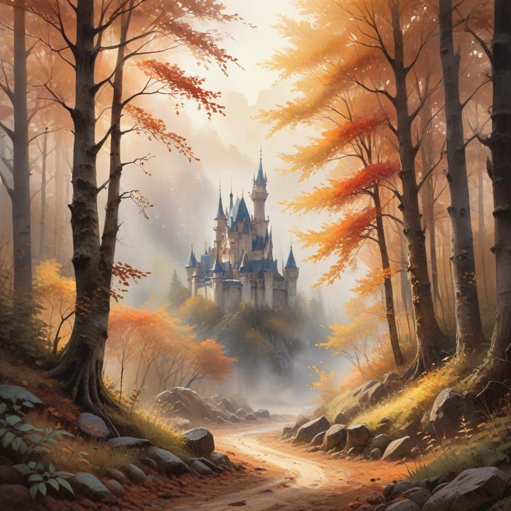 Enchanted Watercolor Castle Amidst Vibrant Autumn Forest
