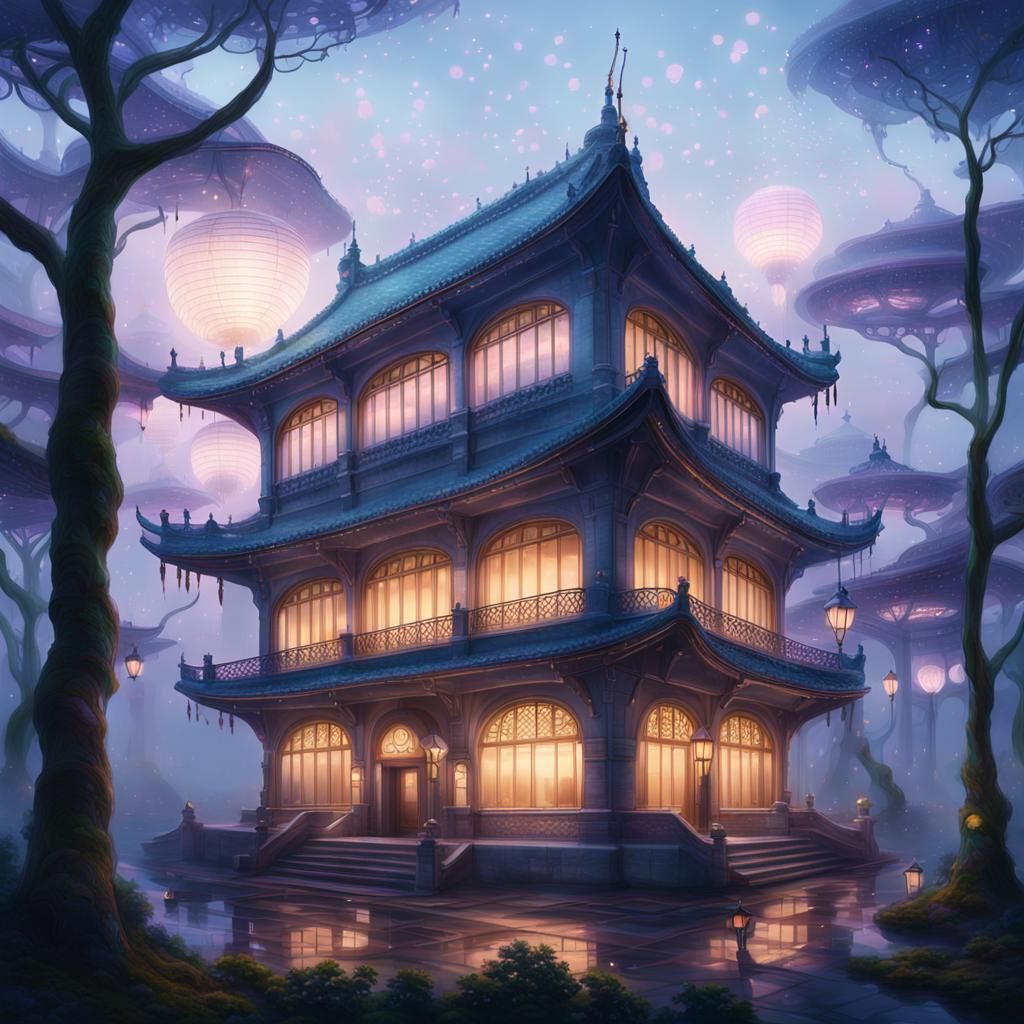 Ethereal Futuristic Building in Mist, Fantasy Architecture