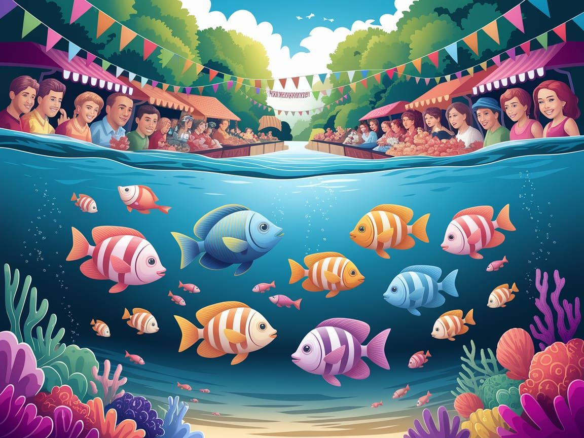 Vibrant Digital Art of Underwater Ballet and Fish Market Fes...