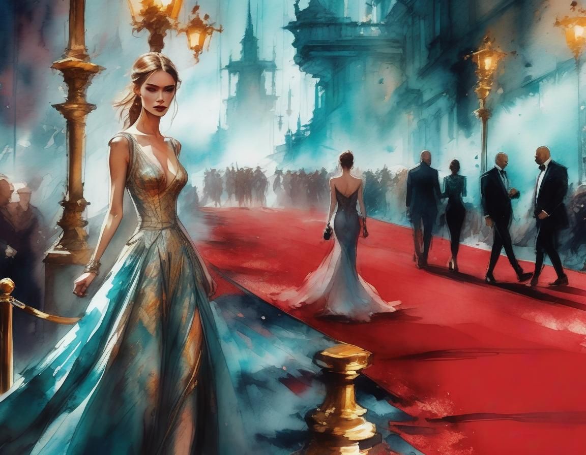 Celebrity Couple on Red Carpet: Digital Watercolor Illustrat...