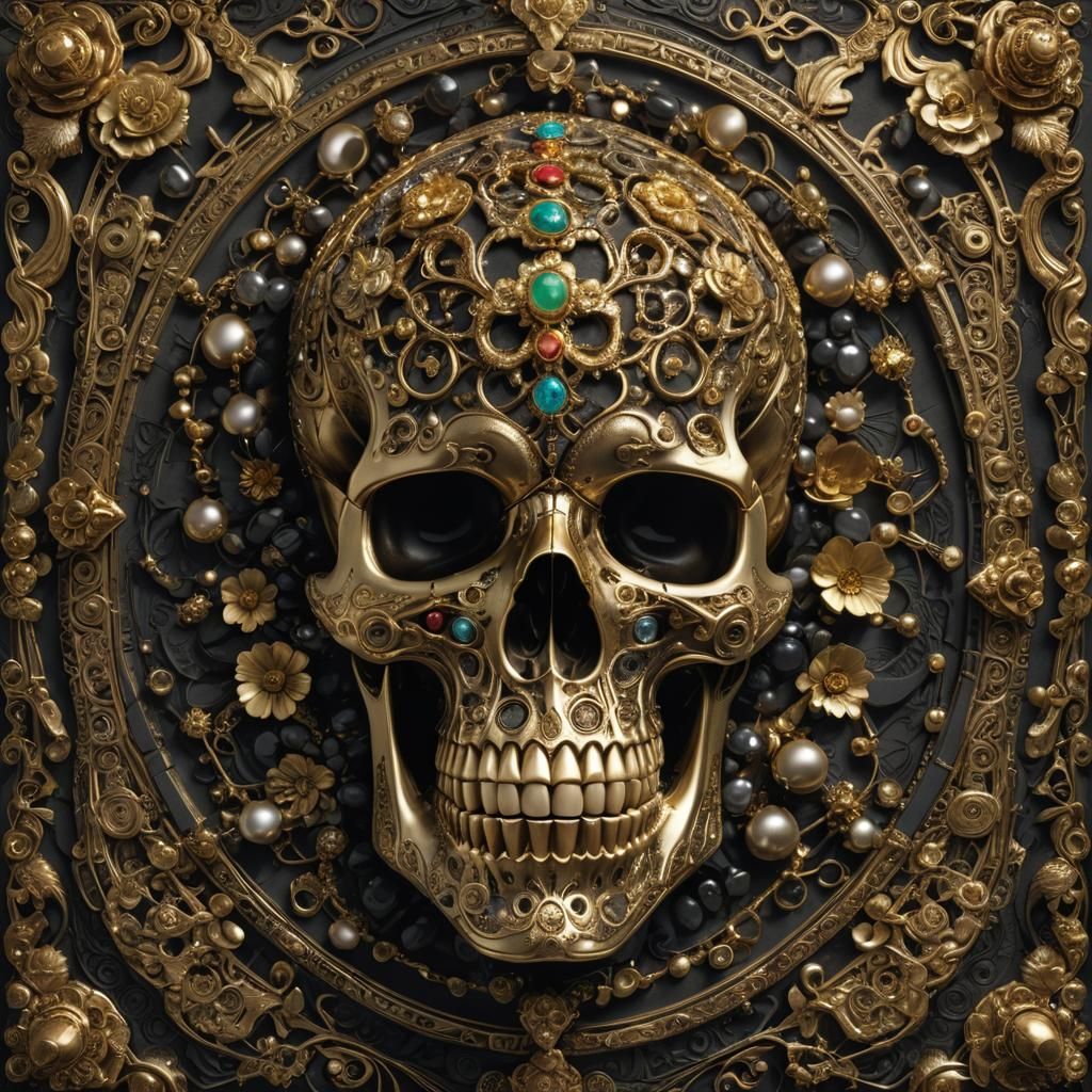 A hyperrealistic photograph of a skull adorned with intricat...