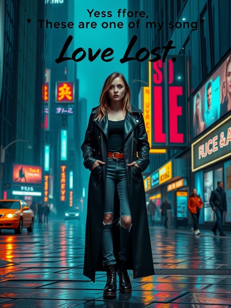 Melancholy Woman in Rainy Cyberpunk Cityscape