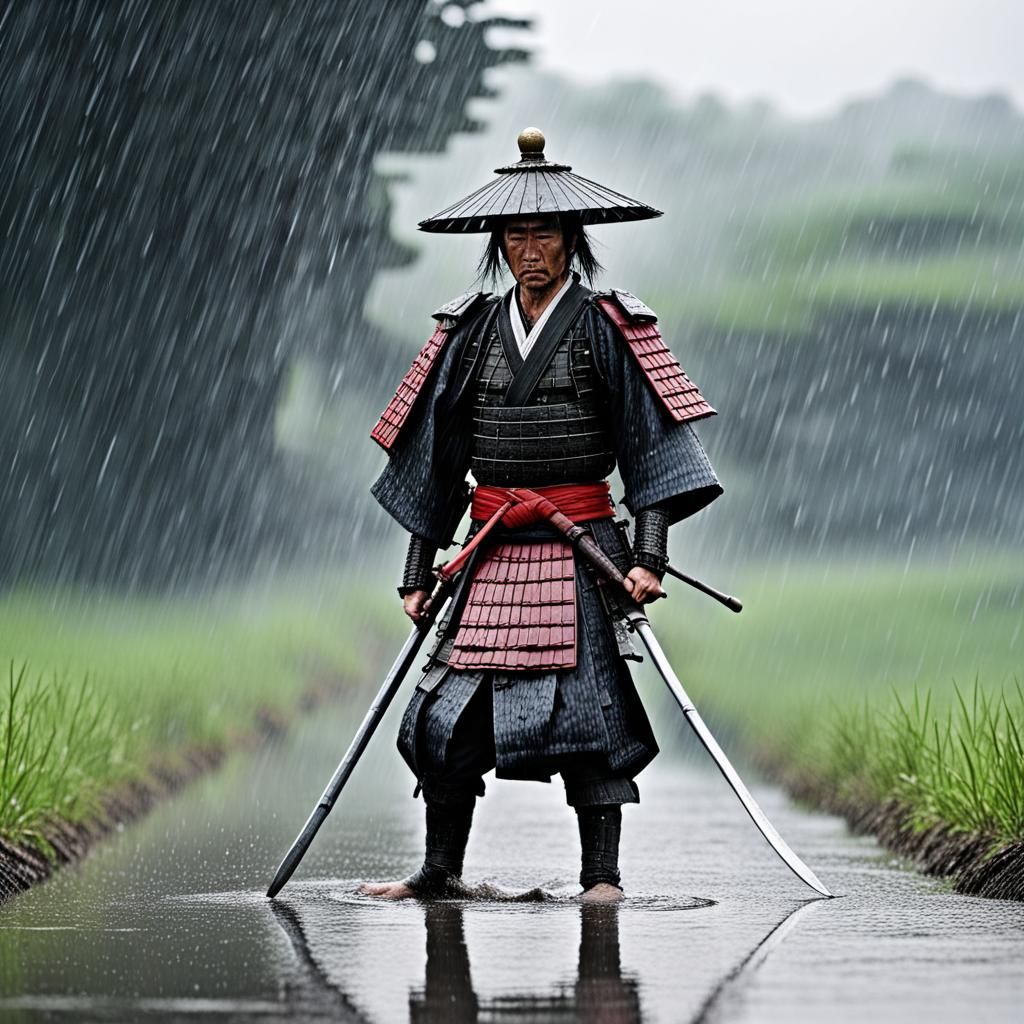 Samurai Crying on Battlefield in Rain