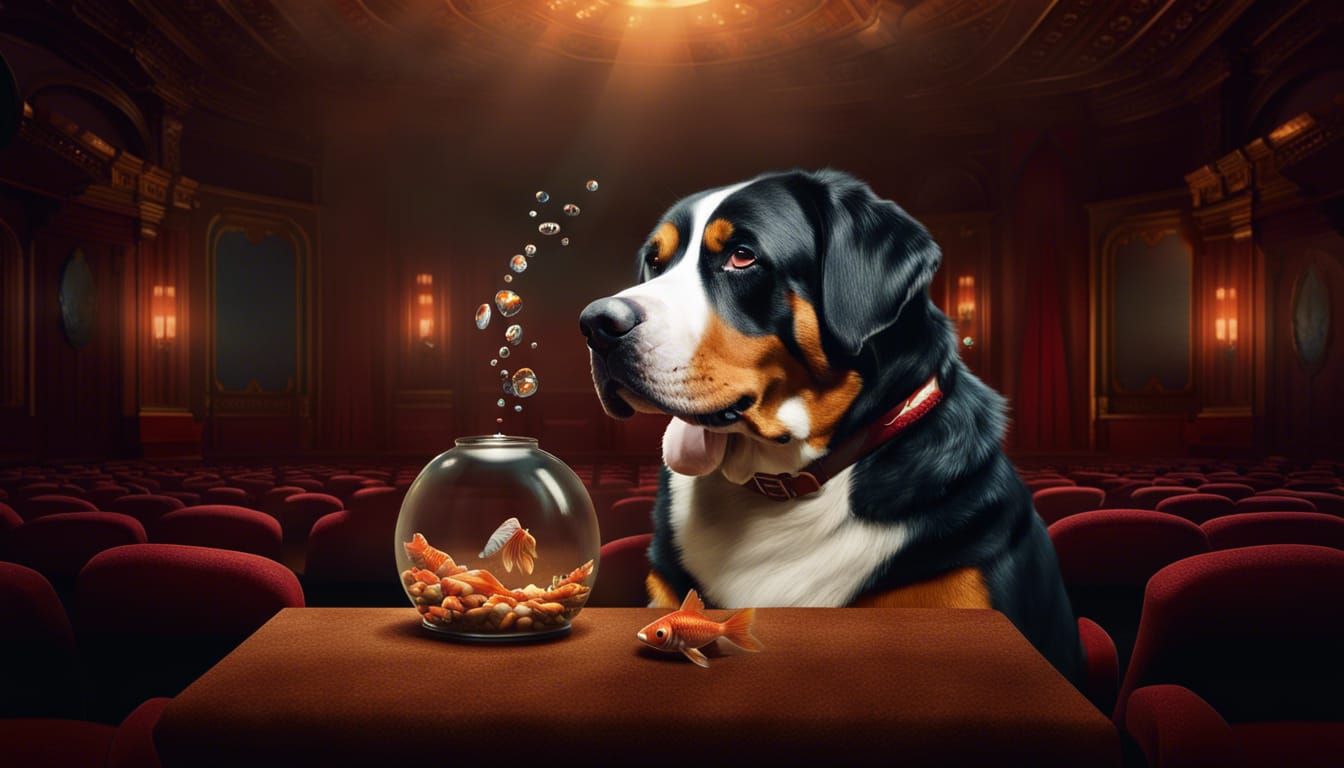 Swiss Mountain Dog Hypnotizing Goldfish, Matte Painting
