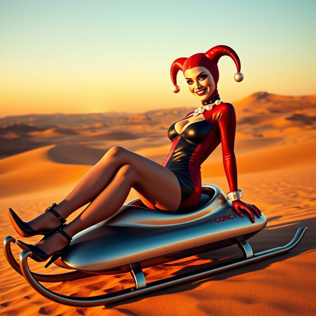 Hyperrealistic Harley Quinn Sits on Sleek Desert Sled